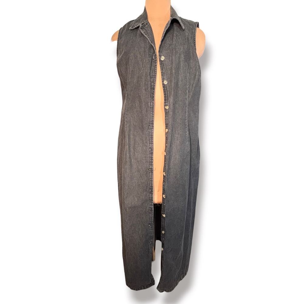 Vintage Black Denim Maxi Dress Sleeveless Button Front Grunge Modest Western - Picture 2 of 10